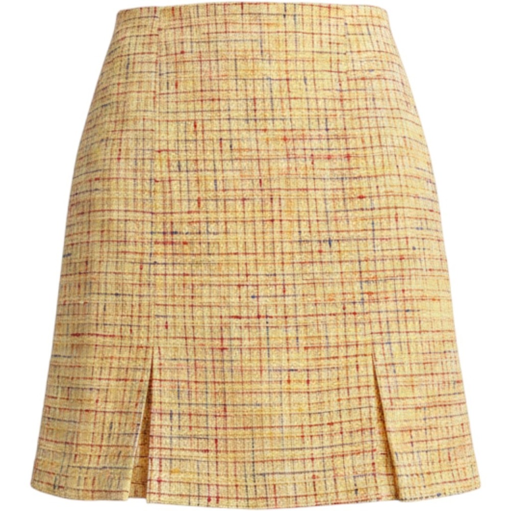 Yellow Plaid Tweed MiniSkirt Sz 10 A-Line Front Pleats Lined Vintage